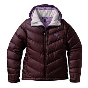 Patagonia Women’s Pipe Down Jacket Plum Purple Hooded Down Puffer Size M